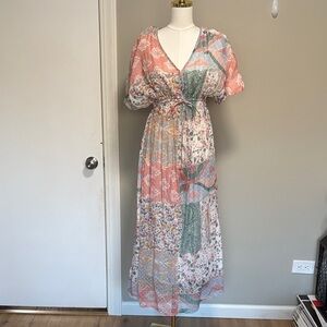 World Market Mira Pastel Dobby Mixed Patchwork Print Kaftan Dress.